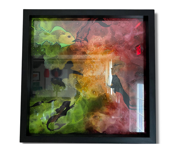 Original Art Fish & Mermaid, Black Frame - Size 13x13