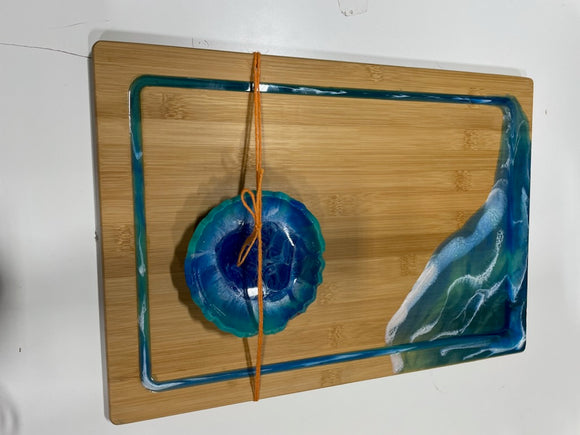 Rectangle Board #10 (Blue Waves) Bamboo Epoxy Charcuterie Board with Matching Small Dish