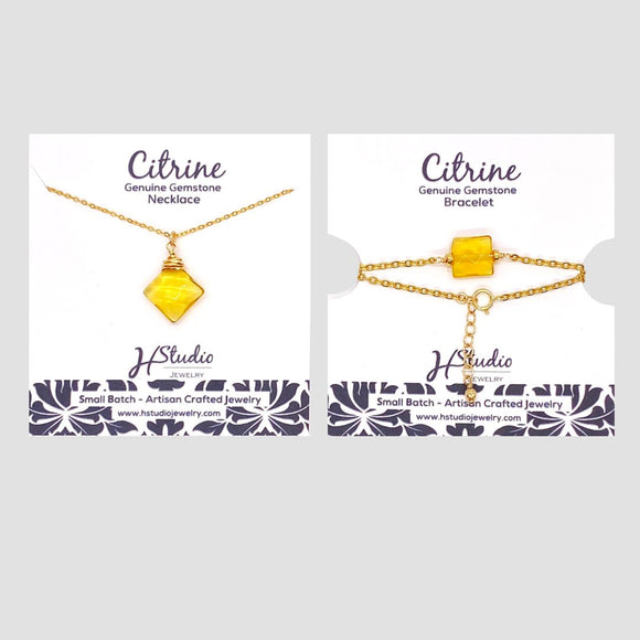 Little Gem Stone Gift Sets Necklace & Bracelet, Citrine with Gold Plating