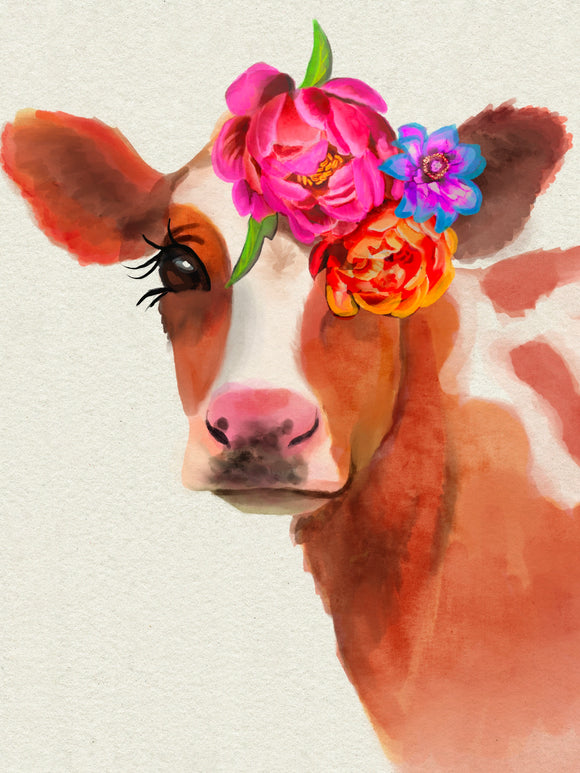 Cow With Flowers - Digital File Printable In Any Size