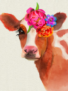 Cow With Flowers Print 11X14