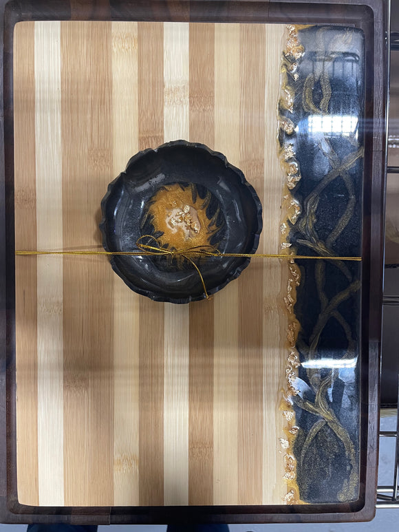 Rectangle Board #19 (Black/Gold Swirl) Bamboo Epoxy Charcuterie Board with Matching Small Dish