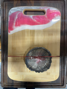 Rectangle Board With Handle #13 (Pink/White) Bamboo Epoxy Charcuterie Board with Matching Small Dish