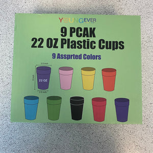 9 Pack 22oz Plastic Cups, Assorted Colours