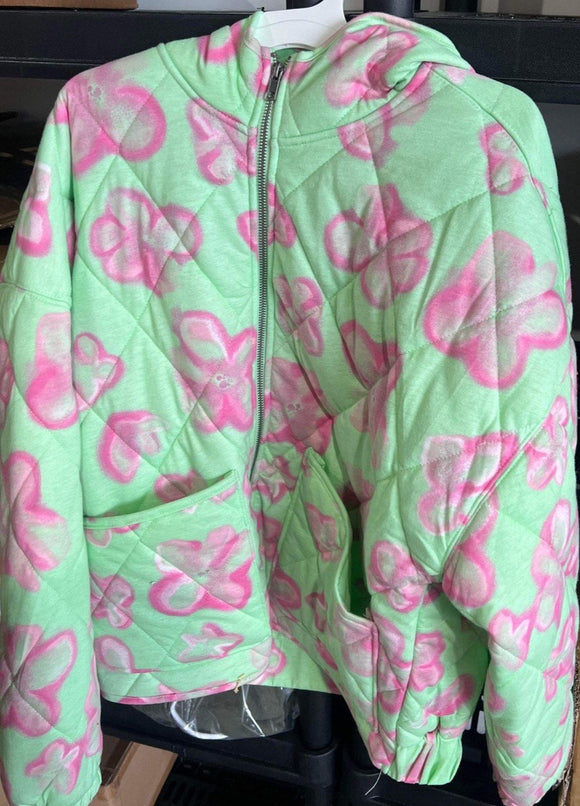 Green With Pink Flowers, Hoodie Zipped Sweatshirt, Women's M