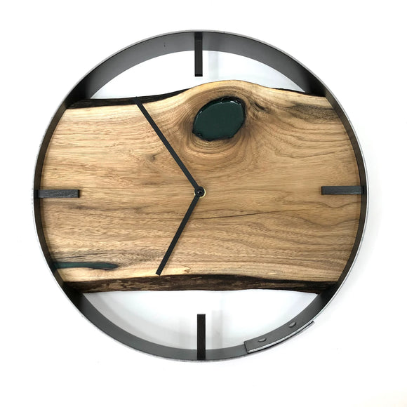 14” BUTTERNUT LIVE EDGE WOOD WALL CLOCK FT. METALLIC EMERALD GREEN EPOXY INLAY