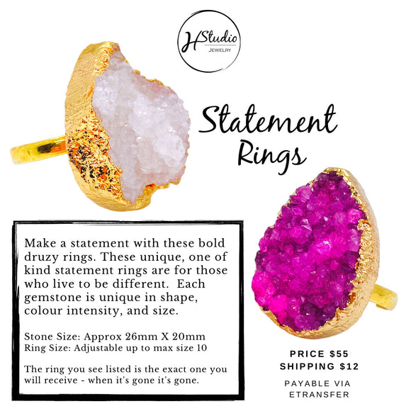 Statement Druzy Ring, Adjustable Sizing - Bright Pink