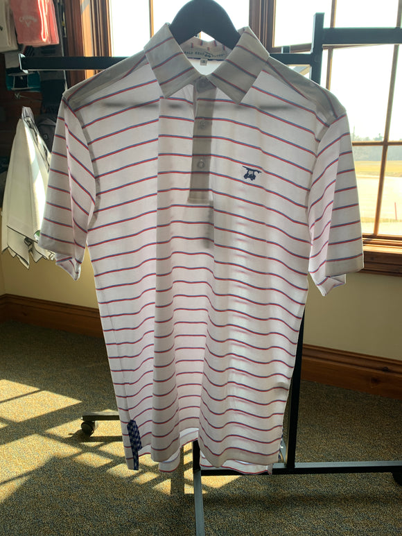 Bald Head Blues - Men's Ace Polo - White and Blue & Pink Stripes (Small)