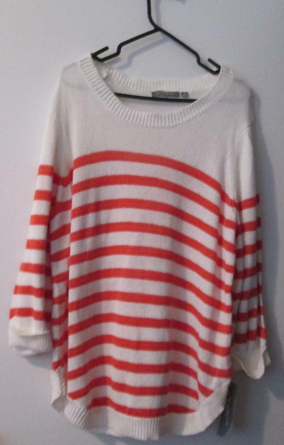 NY Collection  Women White/Orange Stripes Sweater Top Cotton Knit - Plus 3X