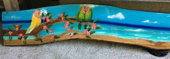 Parrots on Beach Painted on Wood  01-039
