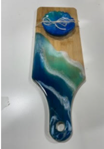 Board #5 (Blue/Turquoise Ocean Waves) Bamboo Epoxy Charcuterie Board with Matching Small Dish