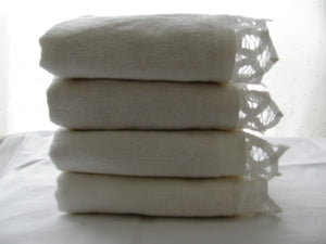 Exquisite Heart Shaped Battenburg Lace trim 100% Soft & White Velour Cotton Spa Towels - Pair