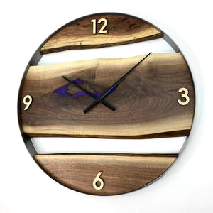 25” BLACK WALNUT LIVE EDGE WOOD CLOCK FT. PURPLE EPOXY INLAY