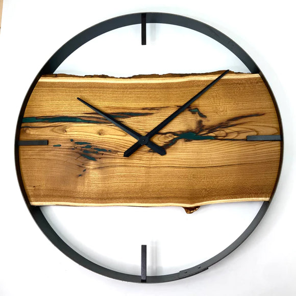 30” MULBERRY LIVE EDGE WOOD CLOCK FT. GREEN EPOXY INLAY