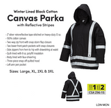 Winter Lined Black Cotton Canvas Parka with Reflective Safety Stripes (XL)