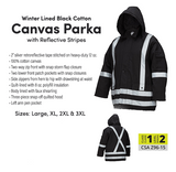 Winter Lined Black Cotton Canvas Parka with Safety Reflective Stripes (3XL)