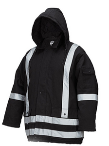 Winter Lined Black Cotton Canvas Parka with Safety Reflective Stripes (2XL)