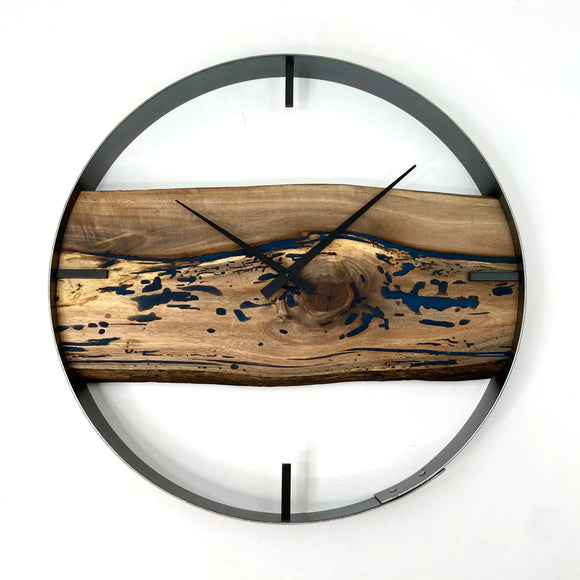 21” BLACK WALNUT LIVE EDGE WOOD CLOCK FT. BLUE EPOXY INLAY