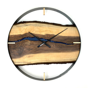 25” BLACK WALNUT LIVE EDGE WOOD CLOCK FT. BLUE EPOXY INLAY