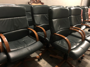 Dark Green Leather and Wood Handle Boardroom Tall Back Chair