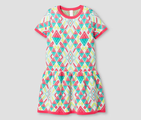Girls' Sweater Dress Neon Pink Geometric Cotton  (Extra Large 14-16)